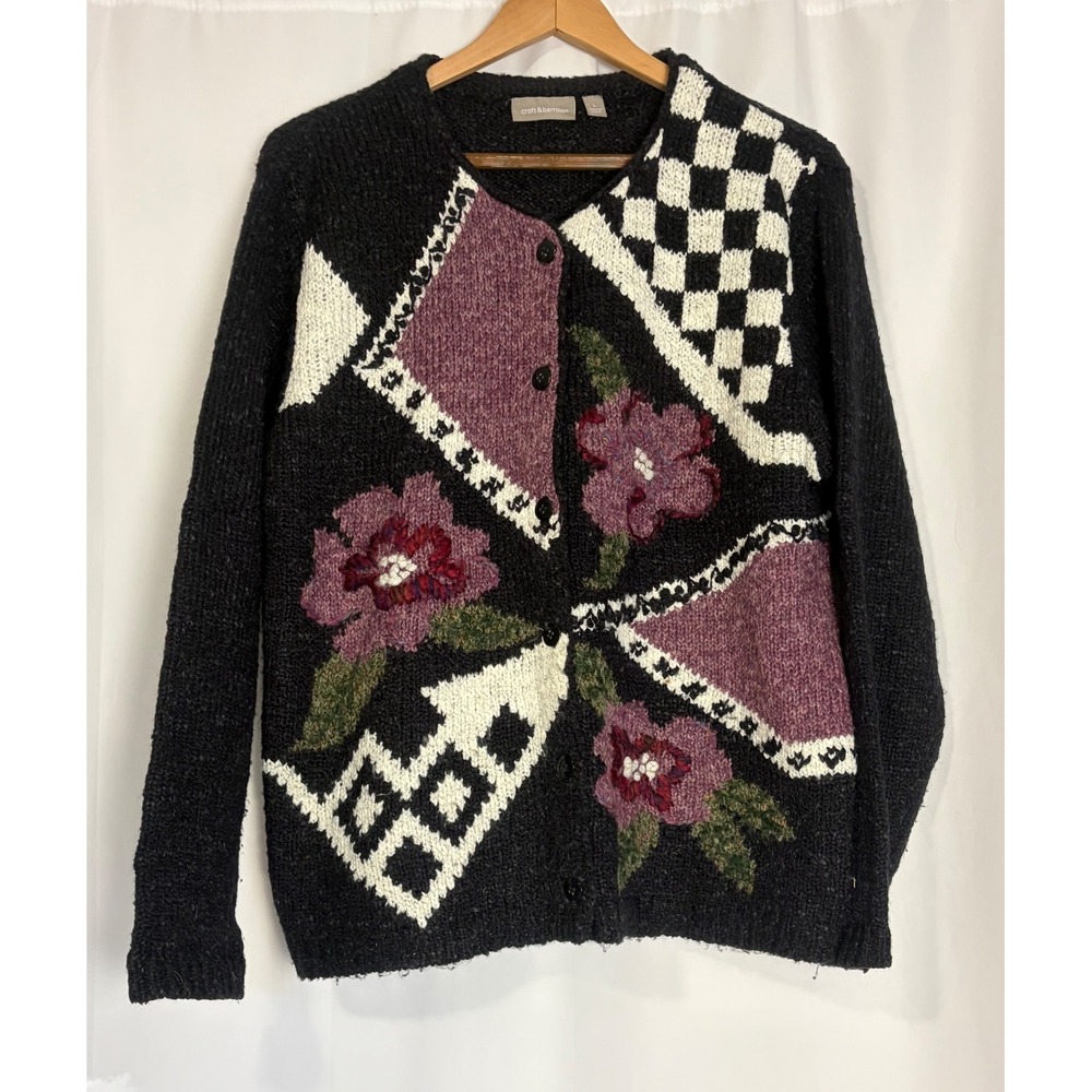 Granny Black Floral Patchwork Knit Cardigan Sweater Women Size L Grandma Cottage